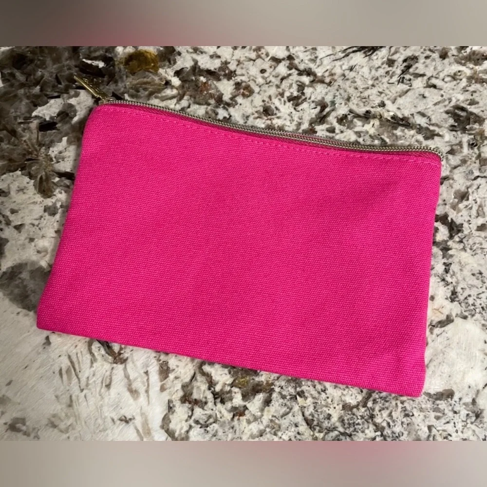 TARTE Tropical Neon Pink Cosmetic Bag Sequined Palm & Pineapple Clutch Gold Zip - Picture 6 of 7